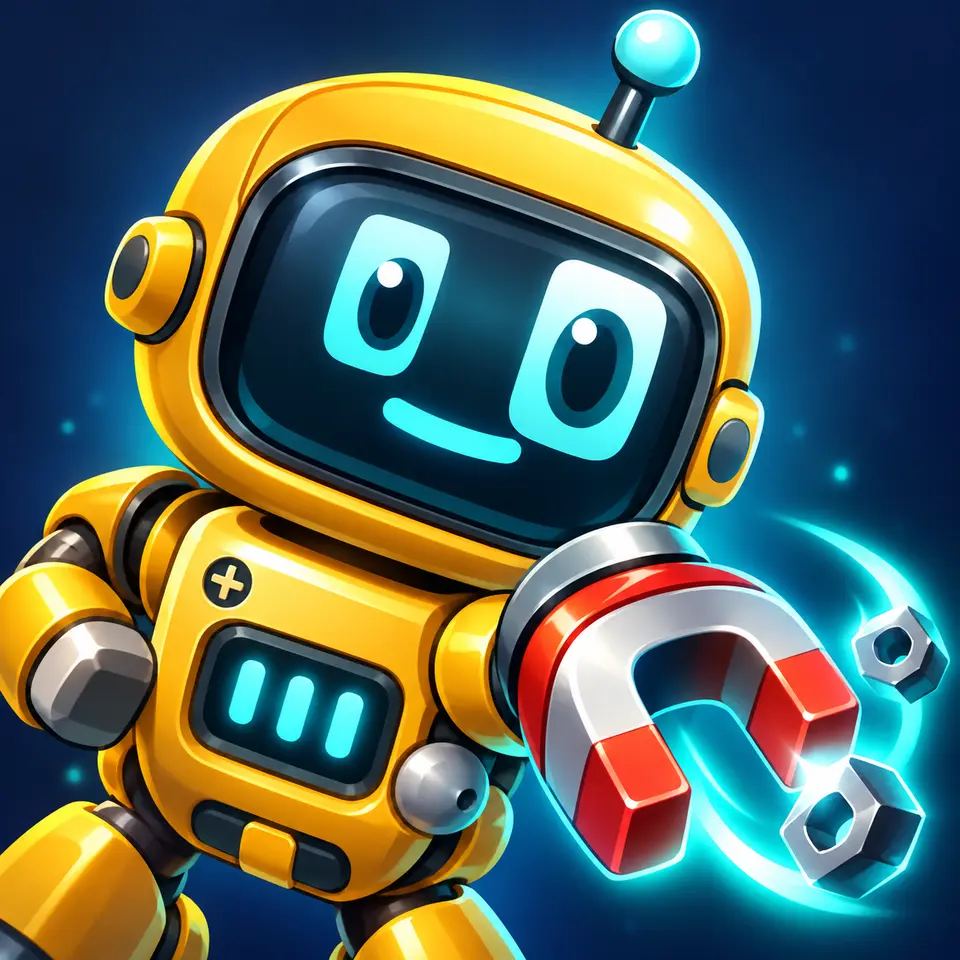 Nib, the golden robot with a glowing cyan smile and a magnetic glove